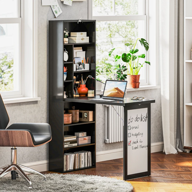 HOMCOM Escritorio Moderno Plegable con Estantería y Pizarra en Madera y Metal 98x51x153 cm Negro