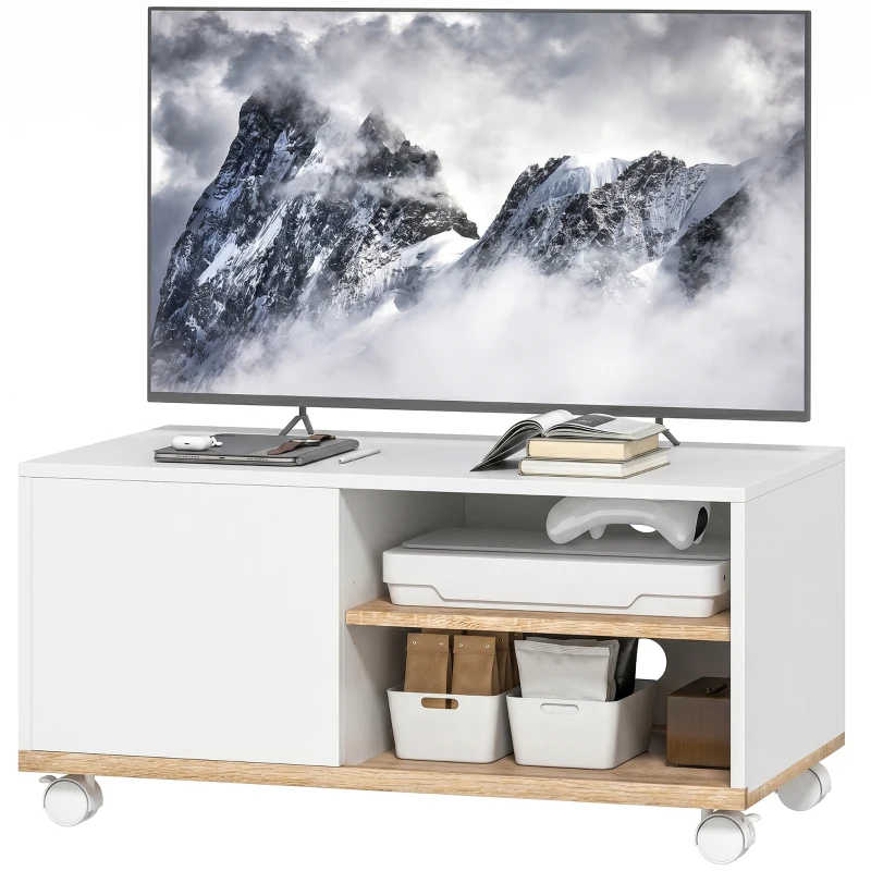 HOMCOM Mueble TV con ruedas y frenos, mueble de TV con armario y estante regulable, Blanco y Roble