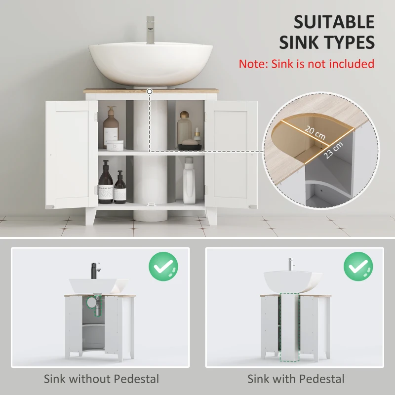 kleankin Under Sink Cabinet, Bathroom Sink Cabinet with 2 Doors, Pedestal Under Sink Design, Freestanding Bathroom Cupboard with Adjustable Shelf, White