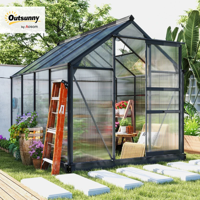 Outsunny 6 x 8ft Polycarbonate Greenhouse, Large Walk-In Green House with Slide Door and Window, Garden Plants Grow House with Aluminium Frame and Foundation, Grey(m-14)