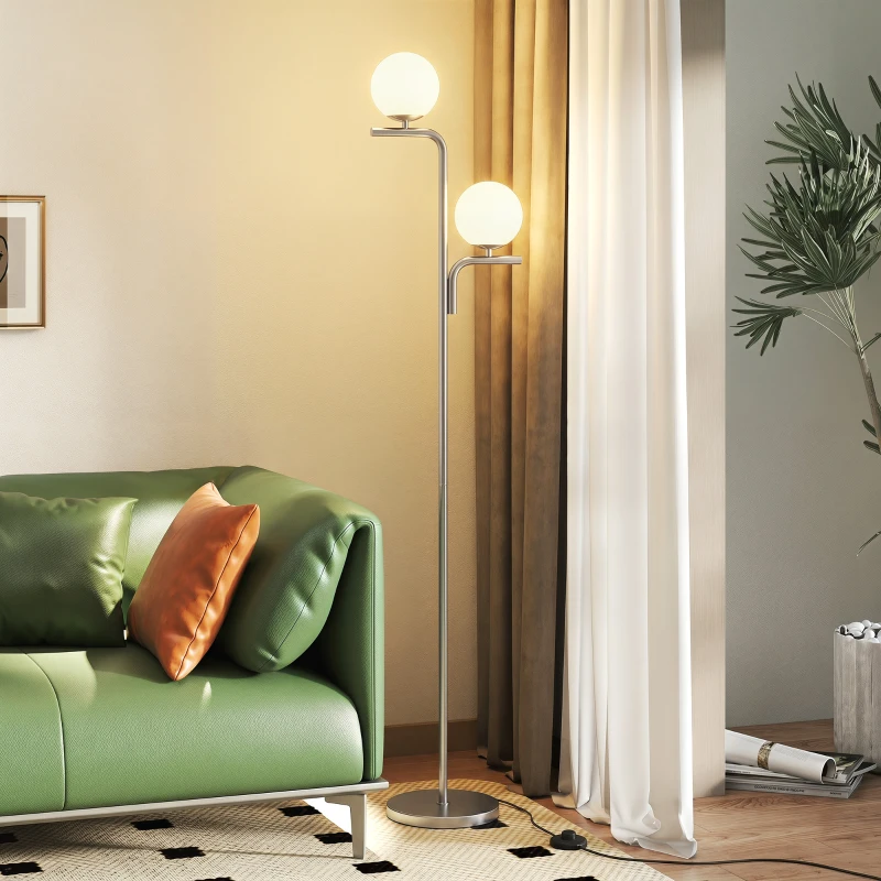 HOMCOM LED Floor Lamp, Modern Standing Lamp with 3 Colour Temperatures, Globe Glass Shades and Foot Switch, Silver Tone