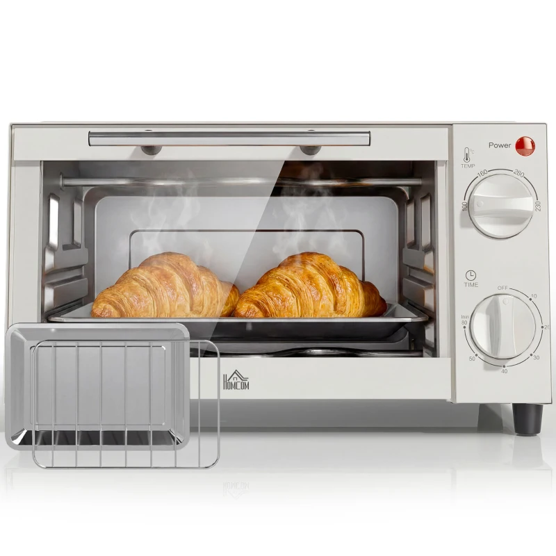 HOMCOM Mini Forno Elétrico 9L com Temperatura Ajustável até 230°C Temporizador 60 min e Bandeja para Assar 35x24,6x20 cm Creme