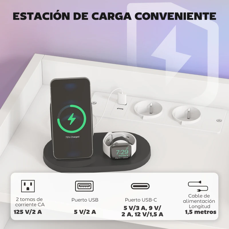 HOMCOM Juego de 2 Mesitas de Noche Flotantes con Estación de Carga Cajón Estante Abierto 40x29x29 cm Blanco