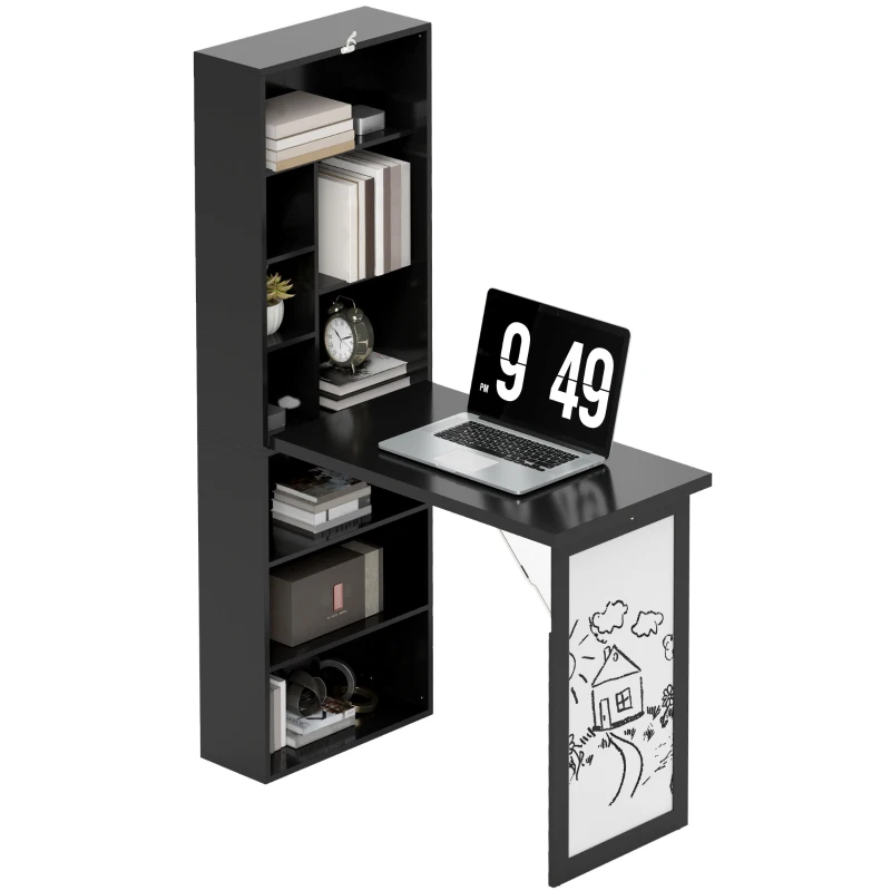 HOMCOM Escritorio Moderno Plegable con Estantería y Pizarra en Madera y Metal 98x51x153 cm Negro