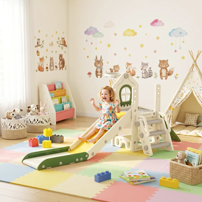 AIYAPLAY Toboggan pour Enfant Pliable 4-en-1 avec Escalade, Panier de Basket, Espace de Rangement et Ballon, Crème