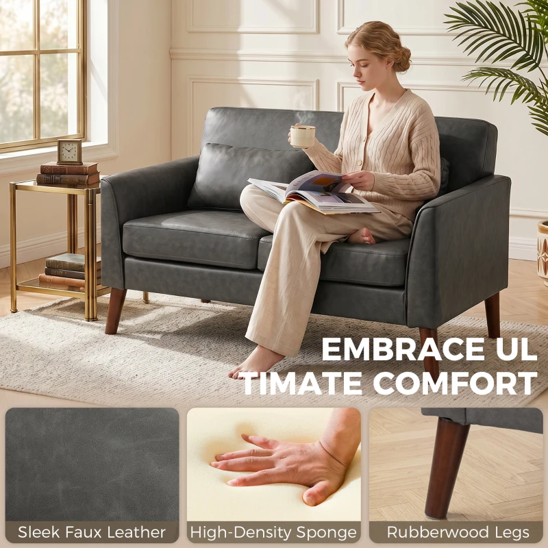 HOMCOM 2 Seater Sofa, 132 cm Modern Small Sofa with Solid Wood Legs and 2 Pillows for Small Space, Grey