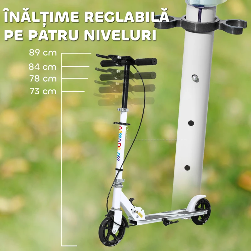 AIYAPLAY Trotinetă pentru Copii 3-8 Ani cu Roți Luminoase, Mâner Reglabil și Frână Spate, Alb