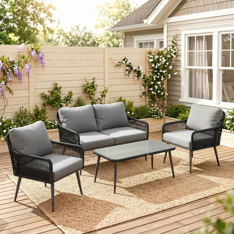 Outsunny Rattan Garden Furniture Set, 4 Piece Outdoor Patio Furniture with Tempered Glass Table and Chairs, Indoor Balcony Conservatory Set