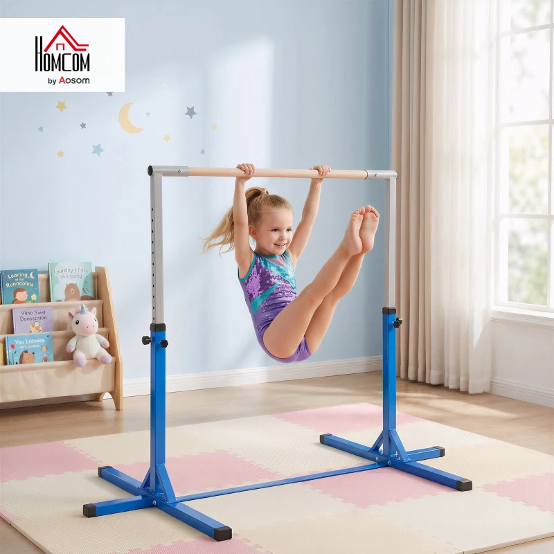 HOMCOM Height Adjustable Gymnastics Horizontal Bar For Kids Home Gym Training Children Junior Kip High Bar Fitness Blue