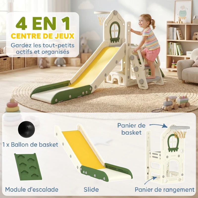 AIYAPLAY Toboggan pour Enfant Pliable 4-en-1 avec Escalade, Panier de Basket, Espace de Rangement et Ballon, Crème