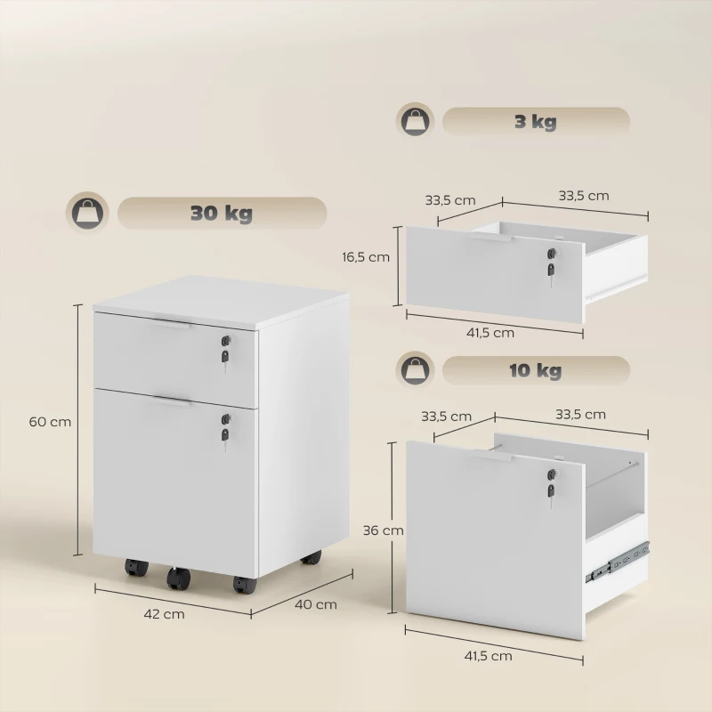HOMCOM Bloco de Gavetas de Escritório Móvel de Arrumação 2 Gavetas 2 Varões para Pastas Suspensas Trancável com 2 Chaves 42x40x60 cm Branco