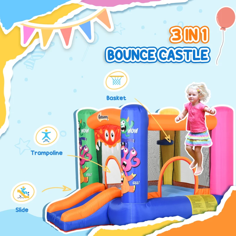 Outsunny Bouncy Castle Inflatable Basket Trampoline Slide Monster Design for Kids Age 3-8, Blue