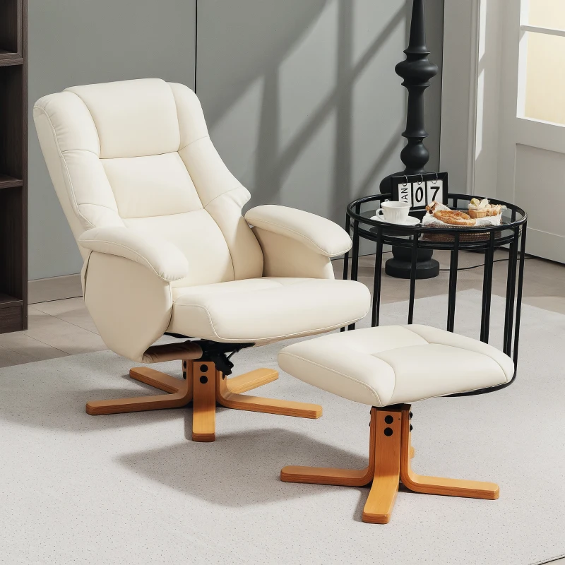 HOMCOM Poltrona Relax con Poggiapiedi e Schienale Inclinabile, Sedia Reclinabile Girevole 360°, 68x85x94 cm, Crema
