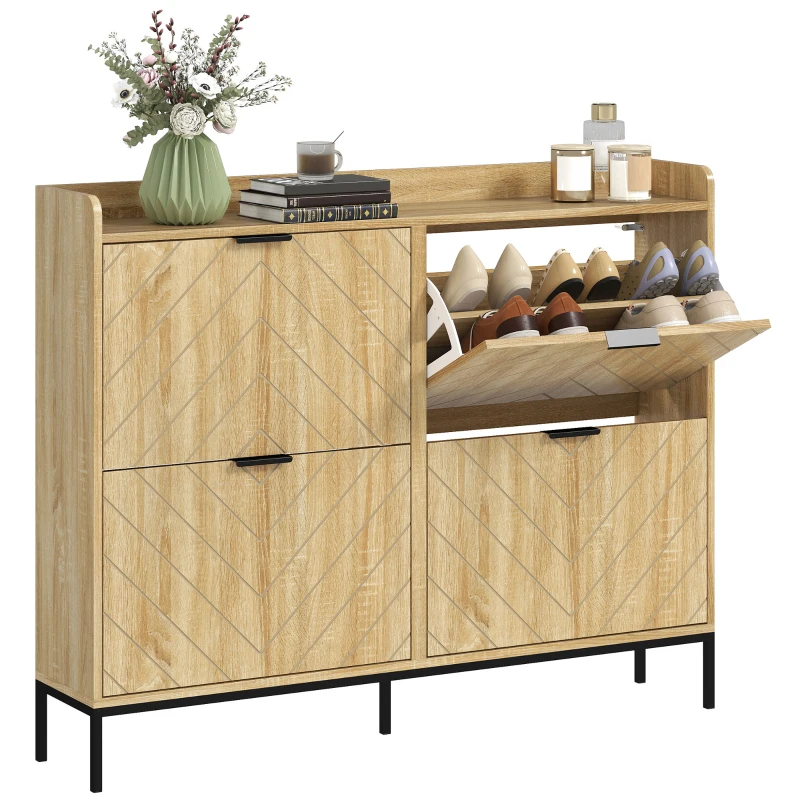 HOMCOM Mobile Portascarpe per 16 Paia con 4 Cassetti, Ante Ribaltabili e Ripiani Regolabili, 110x23,5x95,5 cm, Rovere