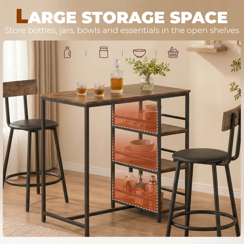 HOMCOM Space Saving Bar Table and PU Leather Stools for 2, 3 Piece Breakfast Bar Table Set with Storage Shelves, Rustic Brown