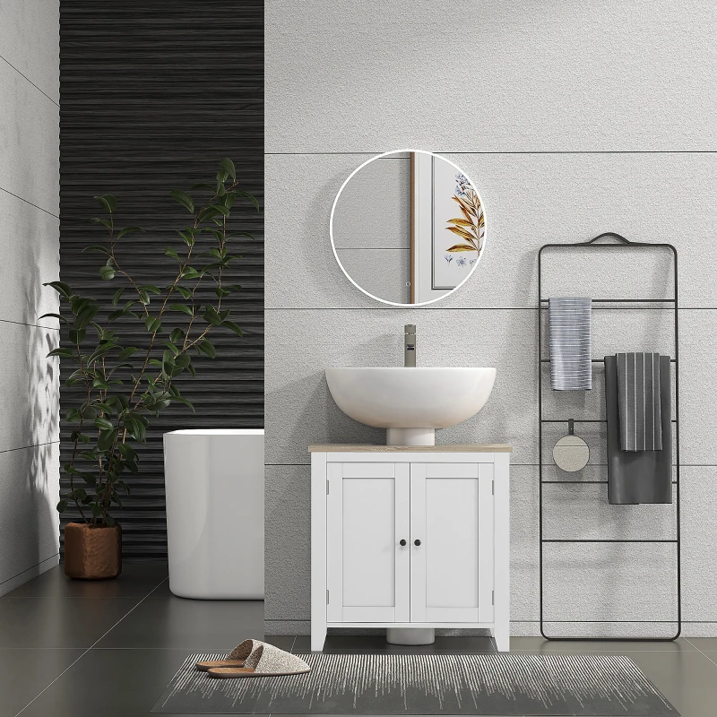 kleankin Under Sink Cabinet, Bathroom Sink Cabinet with 2 Doors, Pedestal Under Sink Design, Freestanding Bathroom Cupboard with Adjustable Shelf, White