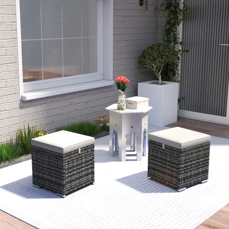 Outsunny Set da 2 Sgabelli da Giardino con Cuscino e Poggiapiedi, Spazio di stoccaggio in rattan PE, 40x40x41 cm, Grigio Chiaro