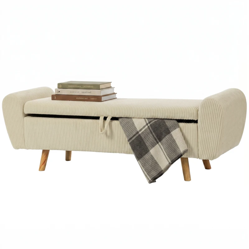 HOMCOM Panca Contenitore 73 L, Cassapanca Imbottita in Velluto a Coste con Braccioli e Gambe in Legno di Hevea, Beige