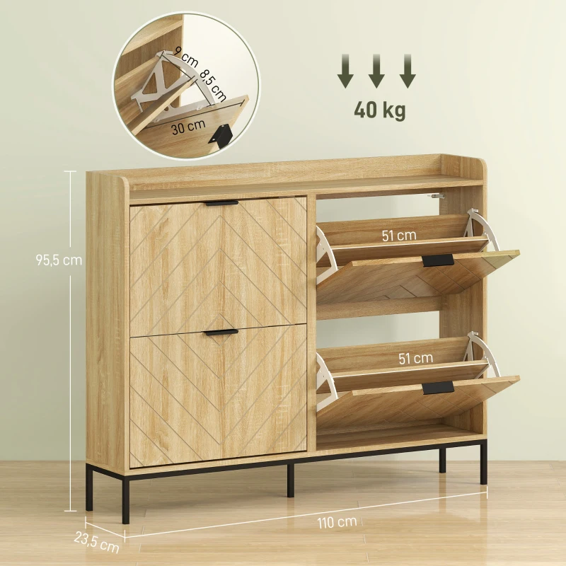 HOMCOM Mobile Portascarpe per 16 Paia con 4 Cassetti, Ante Ribaltabili e Ripiani Regolabili, 110x23,5x95,5 cm, Rovere