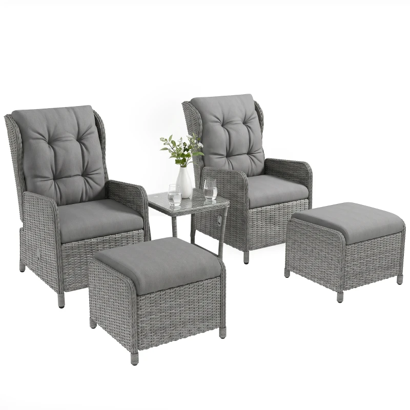 Outsunny 5 Pieces Rattan Bistro Set with Adjustable Back, Reclining Wicker Balcony Furniture with Cushions, Glass Top Coffee Table and Footstools, Outdoor Table and Chairs, Light Grey