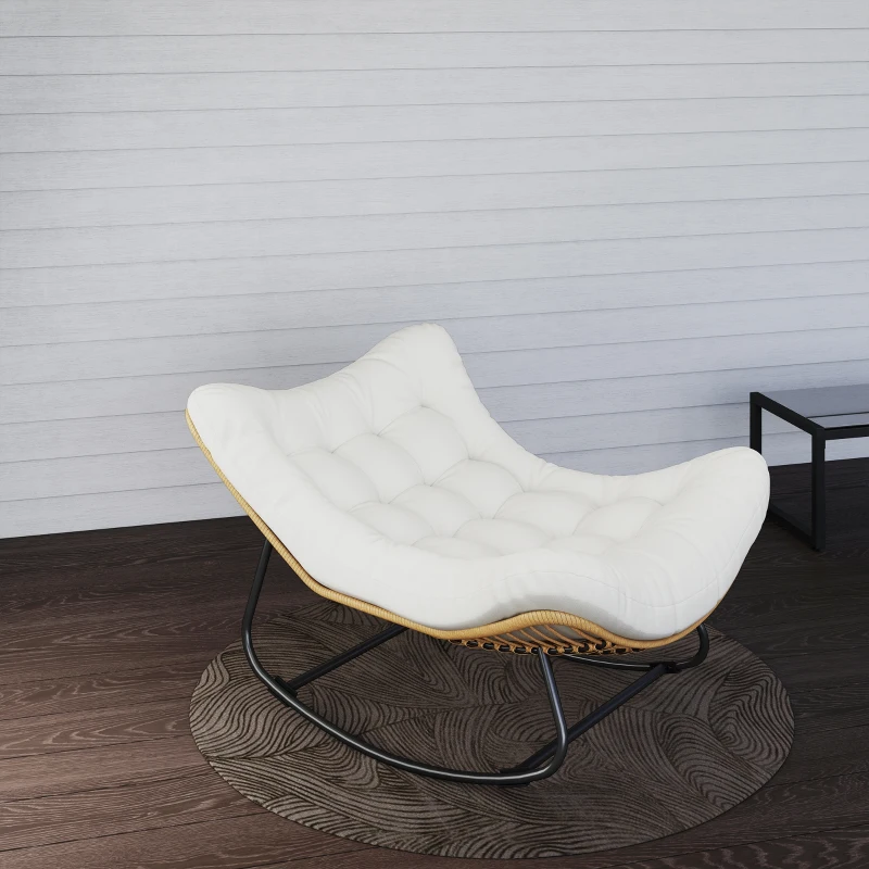Outsunny Poltrona a Dondolo da Giardino con Cuscino Imbottito, Sedia a forma d'uovo in resina intrecciata, 98x111x74 cm, Crema