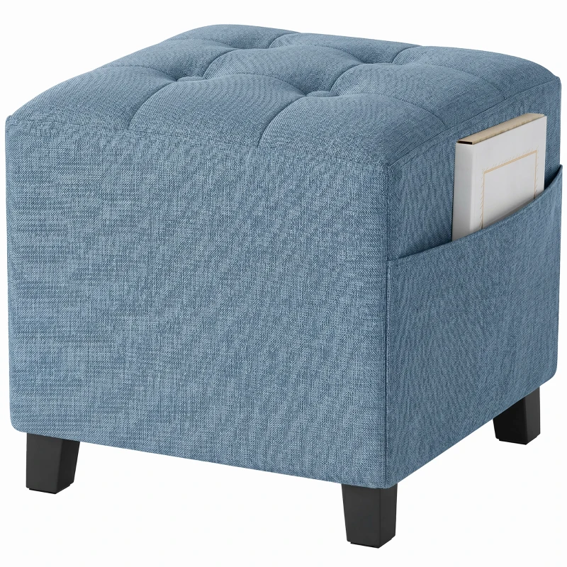 HOMCOM Small Ottoman, Square Footstool with Side Pocket, Rubber Wood Legs and Padded Seat for Living Room, Dark Blue
