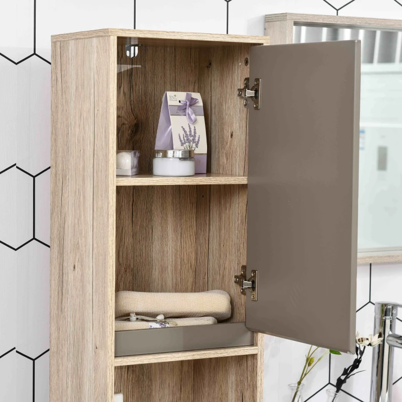 HOMCOM Narrow Bathroom Cabinet, Slim Bathroom Storage Unit with Open Compartment, Freestanding Storage Cupboard with Adjustable Shelves for Small Spaces, 30 x 24 x 170 cm, Grey and Oak