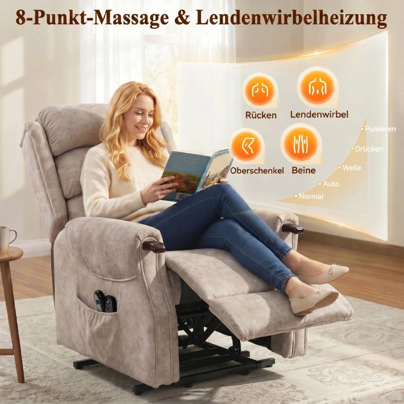 HOMCOM Elektrische Sta-op Fauteuil met Massage, Verwarming en Ligfunctie, Lichtgrijs