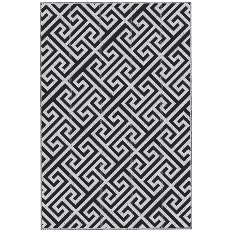Outsunny Alfombra de Exterior Reversible 182x274 cm con Patrón Geométrico Acabado Impermeable Blanco y Negro