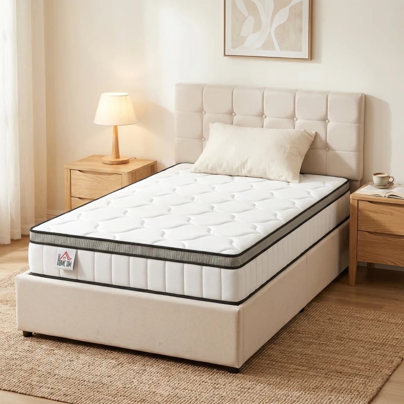 HOMCOM Saltea 90 x 190 cm, grosime 20cm, saltea cu arcuri ensachate 7 zone spumă cu memorie infuzată cu gel răcoritor