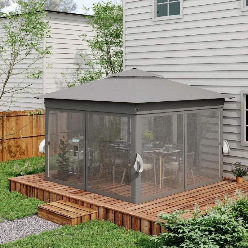 Outsunny Pavilion de Grădină cu Înălțime Reglabilă și Lumină LED, din Oțel și Țesătură Oxford, 336x336x250-270 cm, Gri