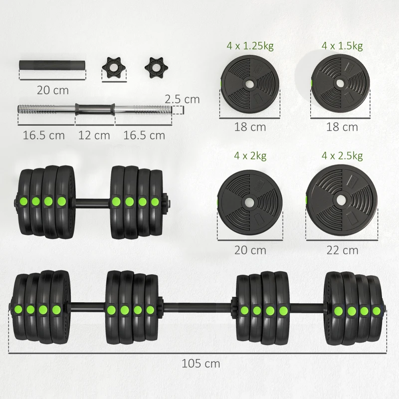 SPORTNOW Set 2 in 1 con 2 Manubri Convertibili in Bilanciere, Peso Totale 30 kg e Dischi Pesi Regolabili, Nero