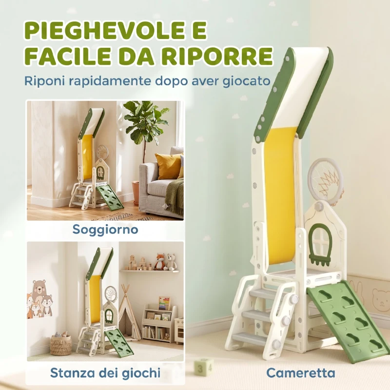 AIYAPLAY Scivolo per Bambini 1-3 Anni con Arrampicata, Canestro, Spazio Portaoggetti e Gradini antiscivolo, Crema
