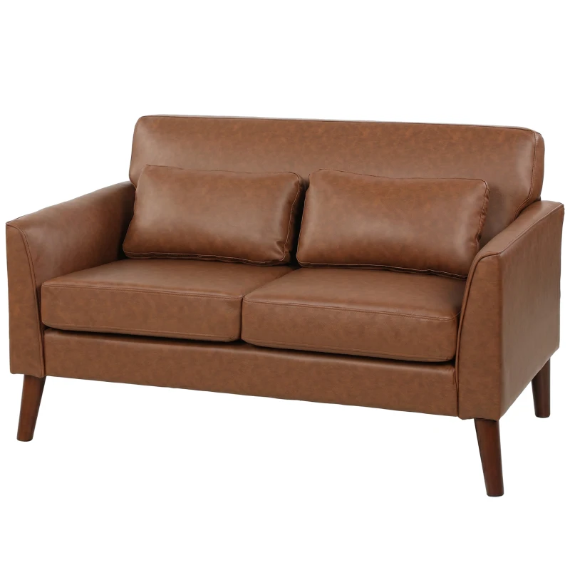 HOMCOM 2 Seater Sofa, 132 cm Modern Small Sofa with Solid Wood Legs and 2 Pillows for Small Space, Brown