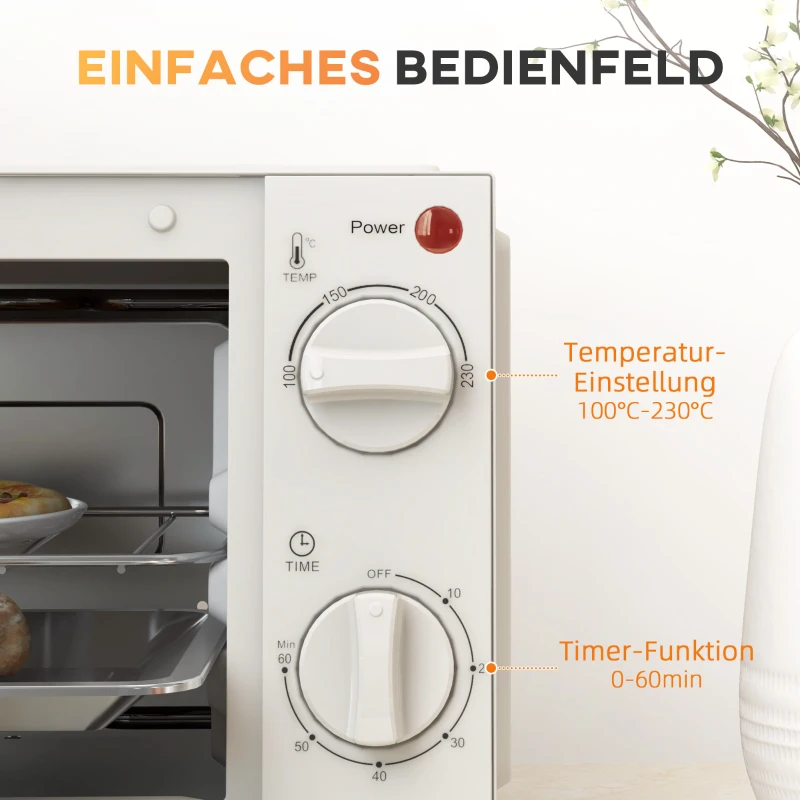 HOMCOM Minibackofen, 9 L Mini-Ofen mit Backblech, Grillrost, mit einstellbarer Temperatur und Garzeit, Edelstahl, Cremeweiß