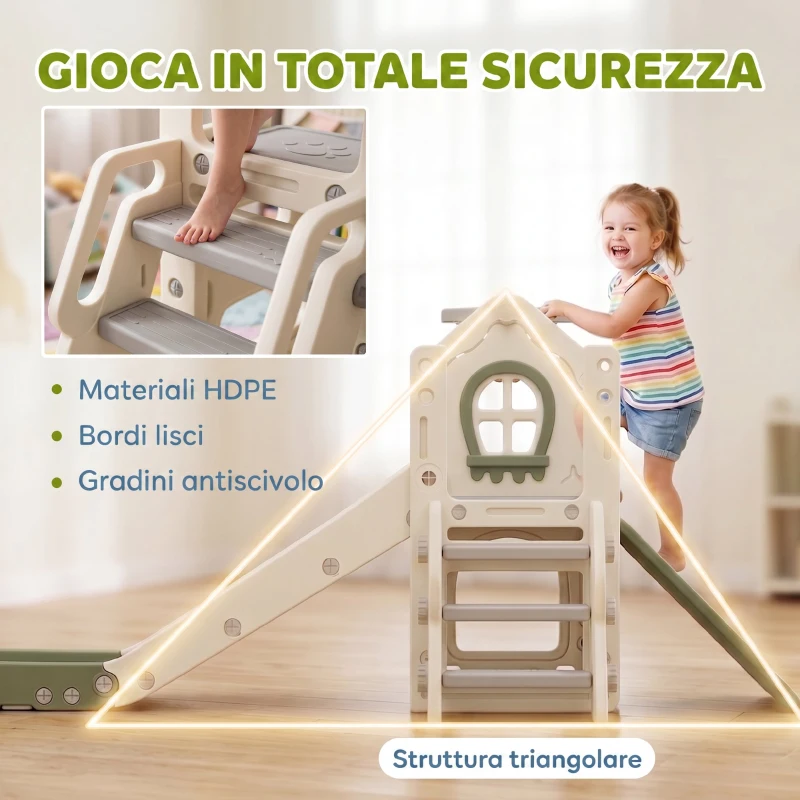 AIYAPLAY Scivolo per Bambini 1-3 Anni con Arrampicata, Canestro, Spazio Portaoggetti e Gradini antiscivolo, Crema