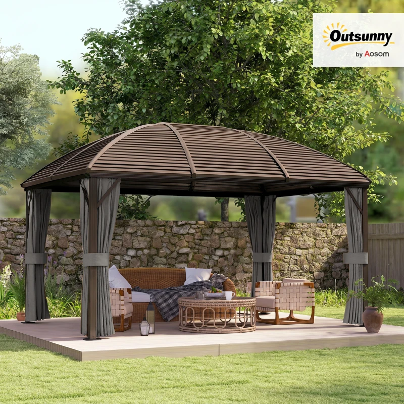 Outsunny 3 x 4m Hardtop Gazebo Canopy with Metal Roof, Aluminium Gazebo Permanent Pavilion with Netting and Curtains, Dark Grey