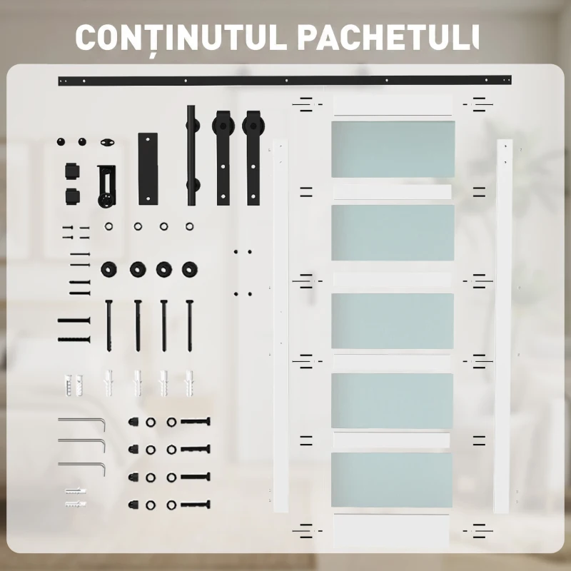HOMCOM Ușă Culisantă Interior Rustică cu Șină Silențioasă, Kit Feronerie și Mâner, Alb