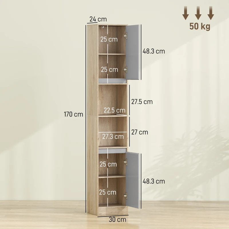 HOMCOM Narrow Bathroom Cabinet, Slim Bathroom Storage Unit with Open Compartment, Freestanding Storage Cupboard with Adjustable Shelves for Small Spaces, 30 x 24 x 170 cm, Grey and Oak