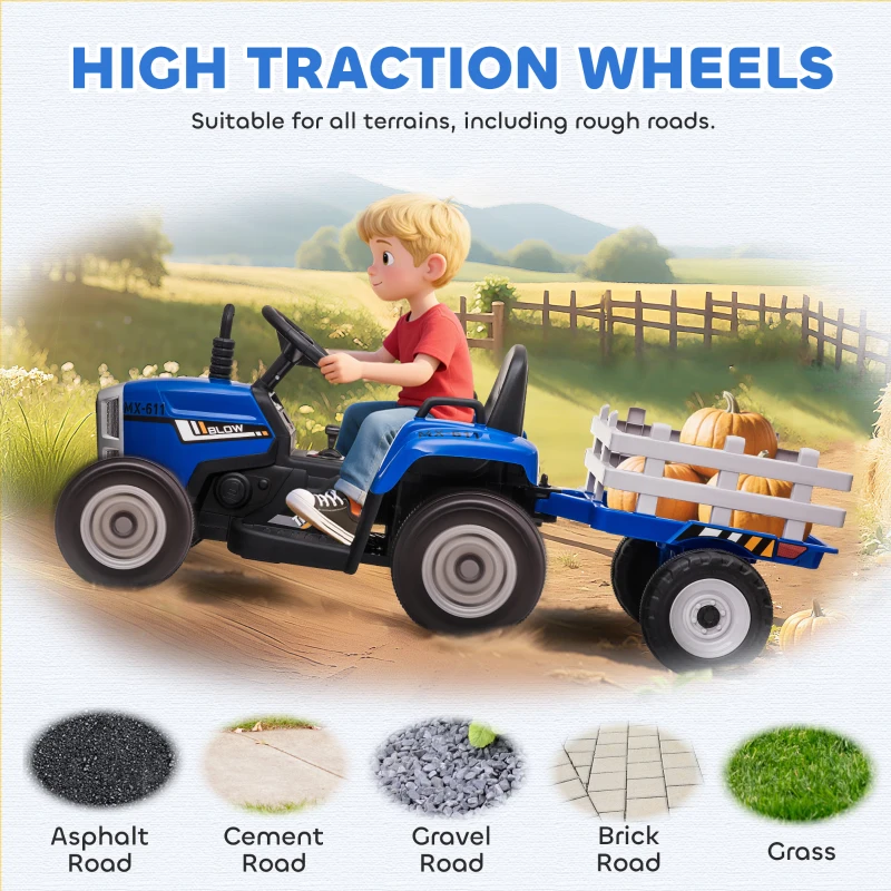 HOMCOM Ride On Tractor, Battery Powered Electric Car, with Detachable Trailer, Remote Control, Music, Blue