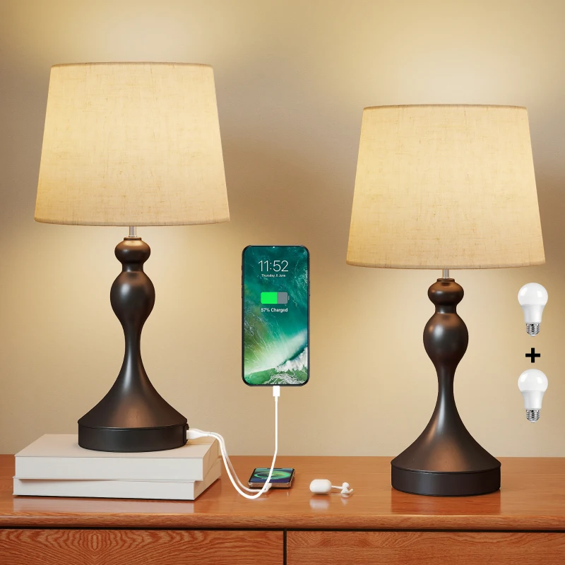 HOMCOM Set of Two Three-Colour Lamps, with USB Ports - Black/Beige