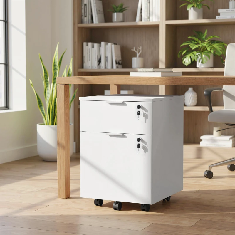 HOMCOM Bloco de Gavetas de Escritório Móvel de Arrumação 2 Gavetas 2 Varões para Pastas Suspensas Trancável com 2 Chaves 42x40x60 cm Branco