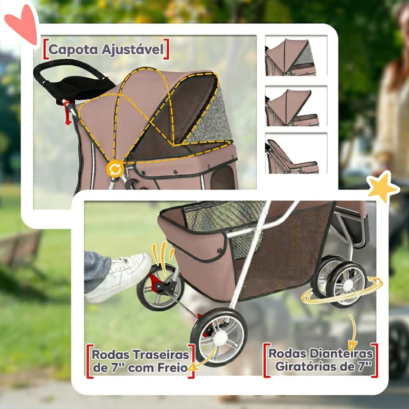 PawHut Carrinho para Cães Pequenos com Cesto de Armazenamento Janelas de Malha e Cinto de Segurança 77x44x102 cm Castanho