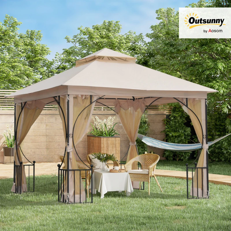 Outsunny 3 x 3 Meters Gazebo Outdoor Patio Party Tent Shelter Garden Canopy Double Tier Sun Shade Steel Frame Beige