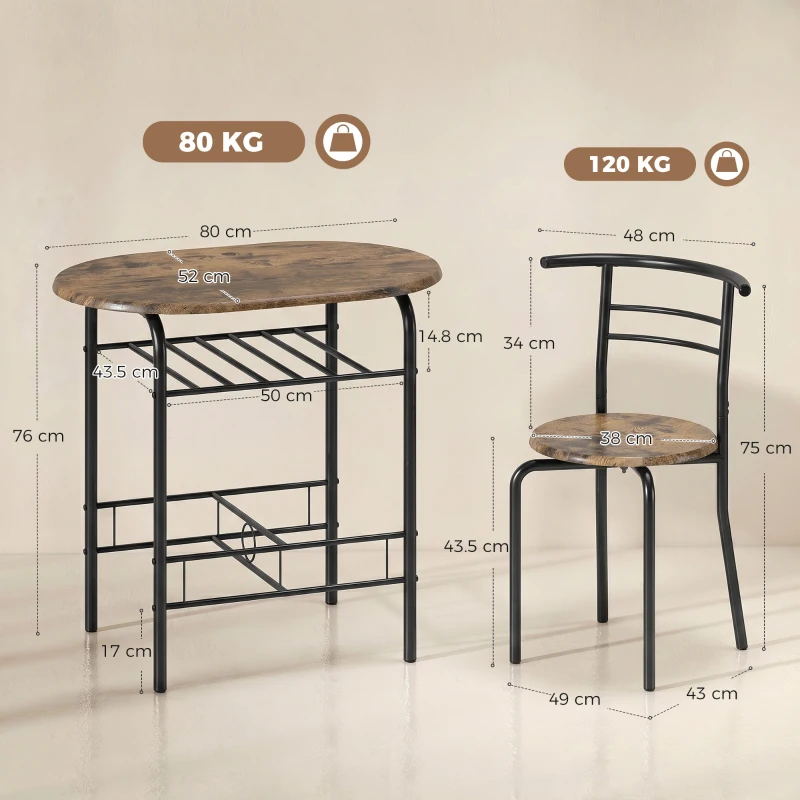 HOMCOM Set de sufragerie 3 piese, masă de bucătărie și scaune pentru 2 persoane cu raft, living, aspect lemn maro rustic