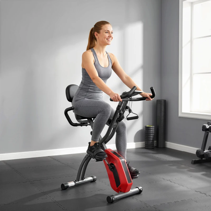 SPORTNOW 3-In-1 Folding Exercise Bike with Resistance Bands, Bluetooth App, 8-Level Magnetic Resistance, LCD Display, Red
