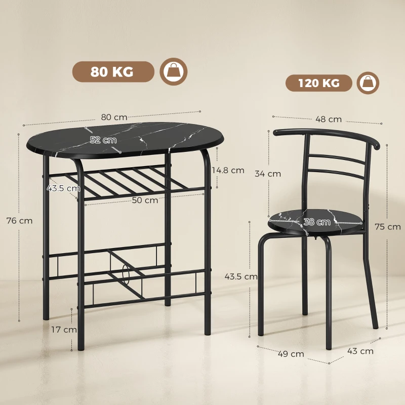 HOMCOM Set de luat masa 3 piese, masă de bucătărie și scaune pentru 2 persoane cu raft, living, aspect marmorat negru