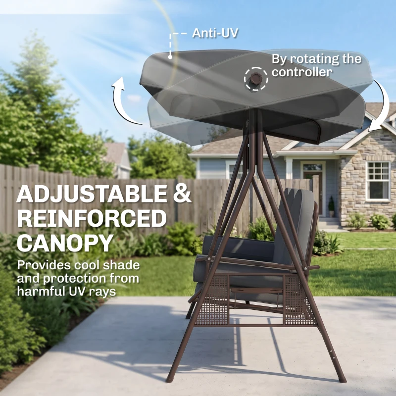 Outsunny 3 Seat Garden Swing Chair Steel Swing Bench w/ Cushions Cup Trays