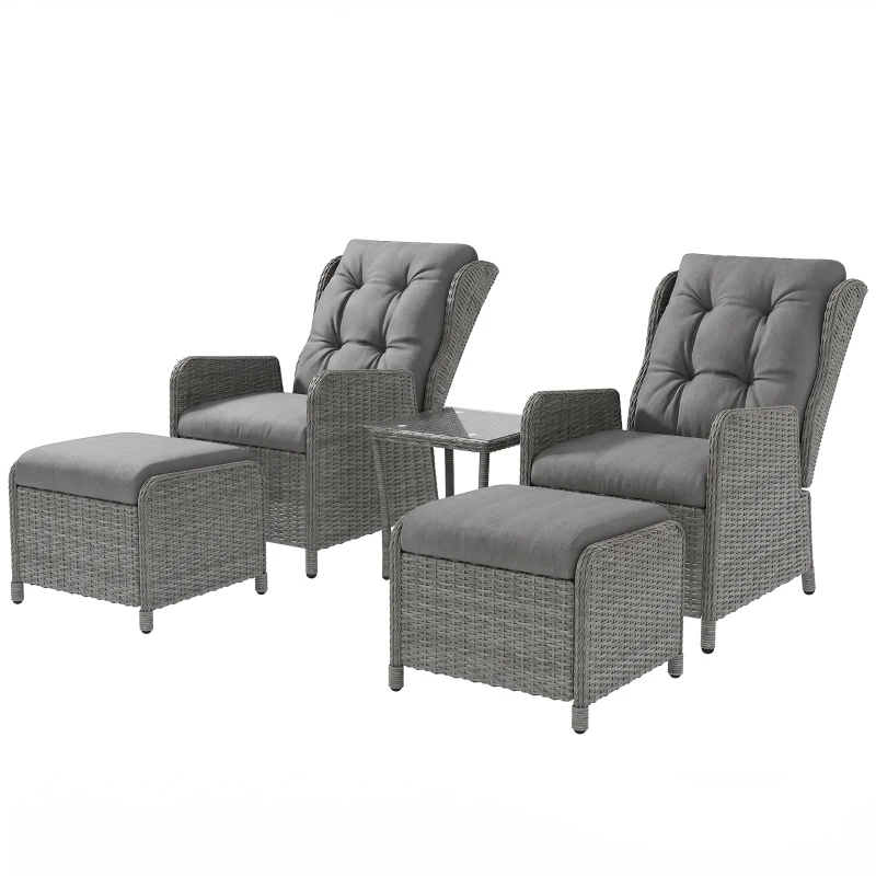 Outsunny 5 Pieces Rattan Bistro Set with Adjustable Back, Reclining Wicker Balcony Furniture with Cushions, Glass Top Coffee Table and Footstools, Outdoor Table and Chairs, Light Grey