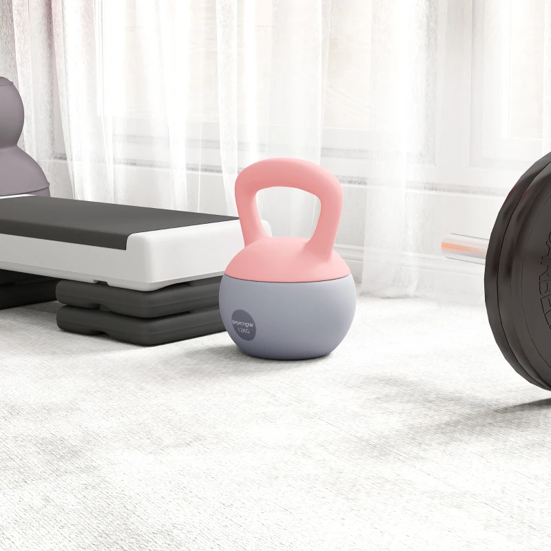 SPORTNOW Pesa Rusa 12 kg Kettlebell Relleno de Arena Metálica Mango Antideslizante para Entreno en Casa 21x21x30 cm Rosa y Gris